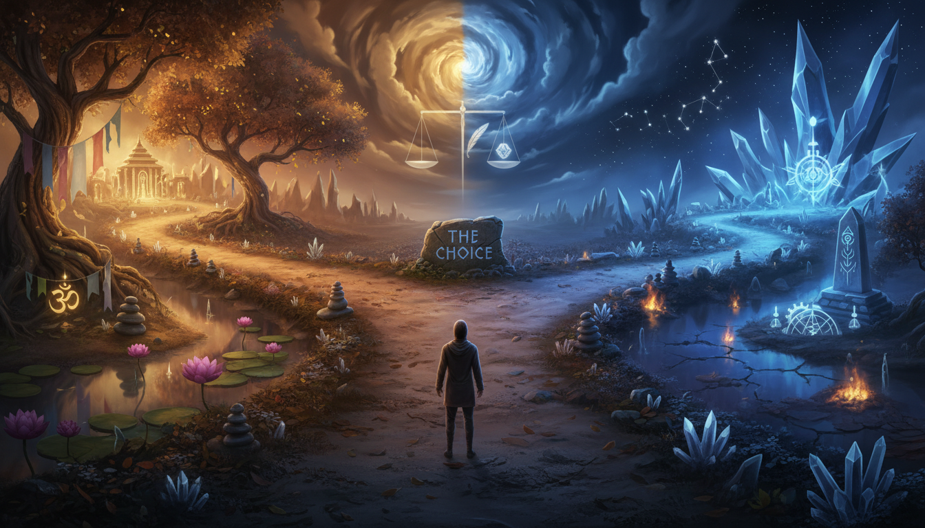 Crossroads symbolizing the choice between two spiritual paths