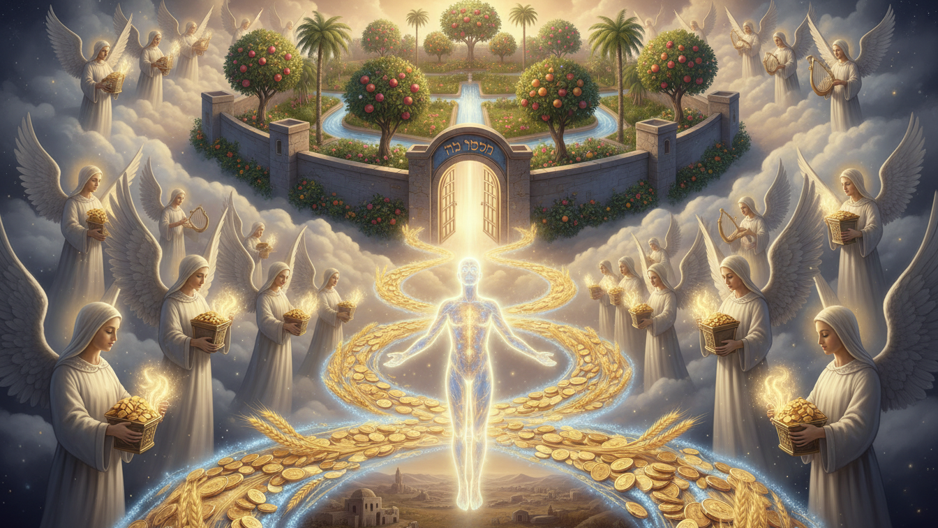 Soul ascending to Gan Eden guided by tzedakah